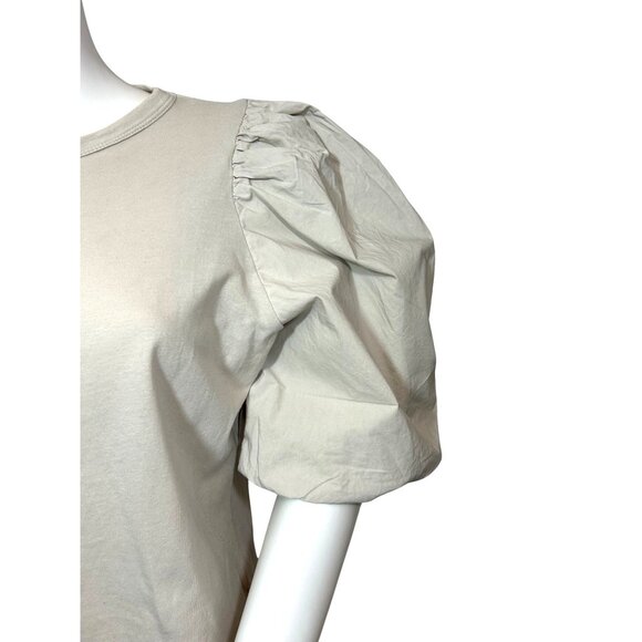 H&M Women Top M Beige Round Neck Short Voluminous Balloon Sleeves Cotton Stretch - Picture 7 of 11